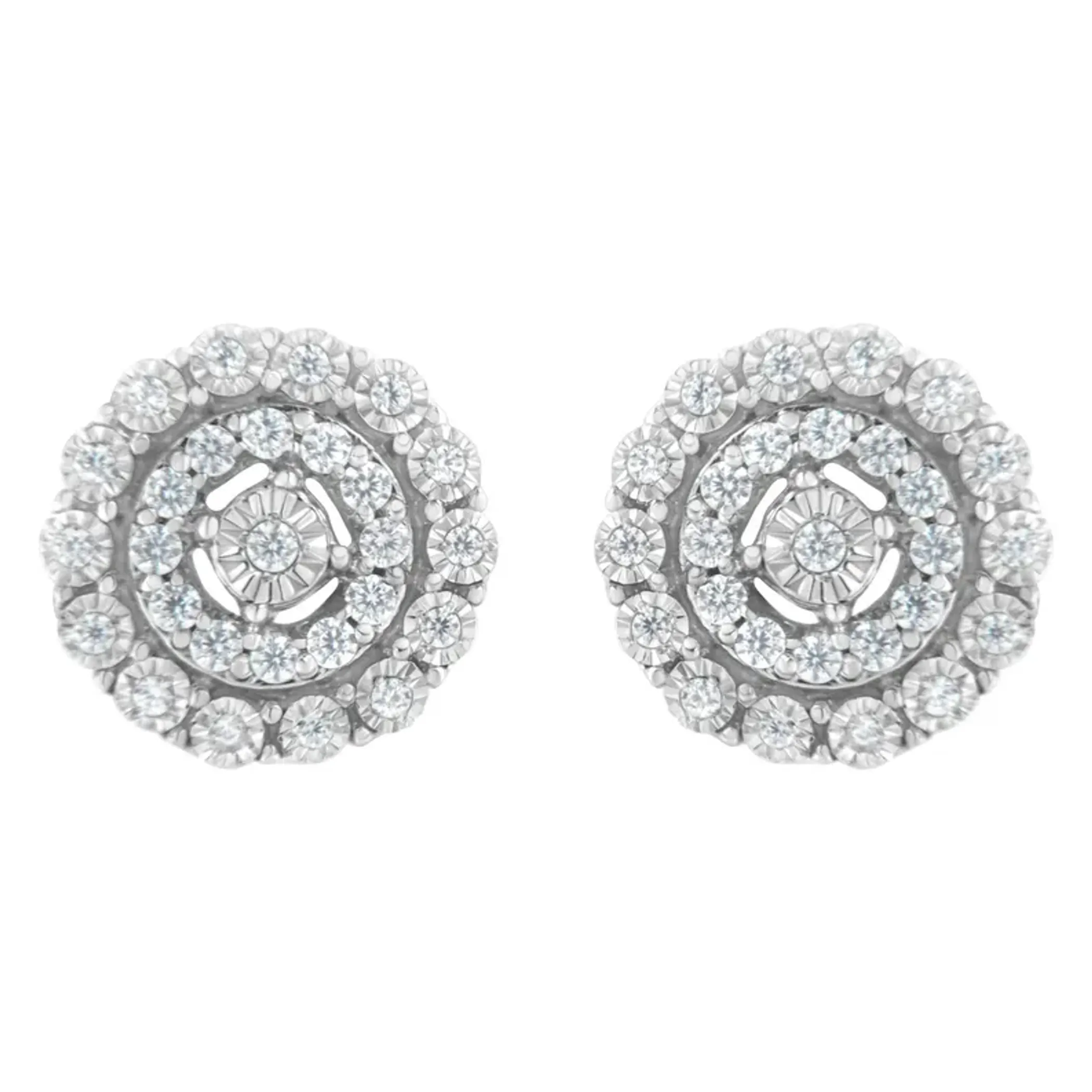 10KT White Gold 1/2 cttw Double Halo Brilliant Round-Cut Diamond Stud Earrings (I-J Clarity, I2-I3 Color)