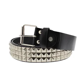 3 Row Silver Pyramid Studded Black PU Belt