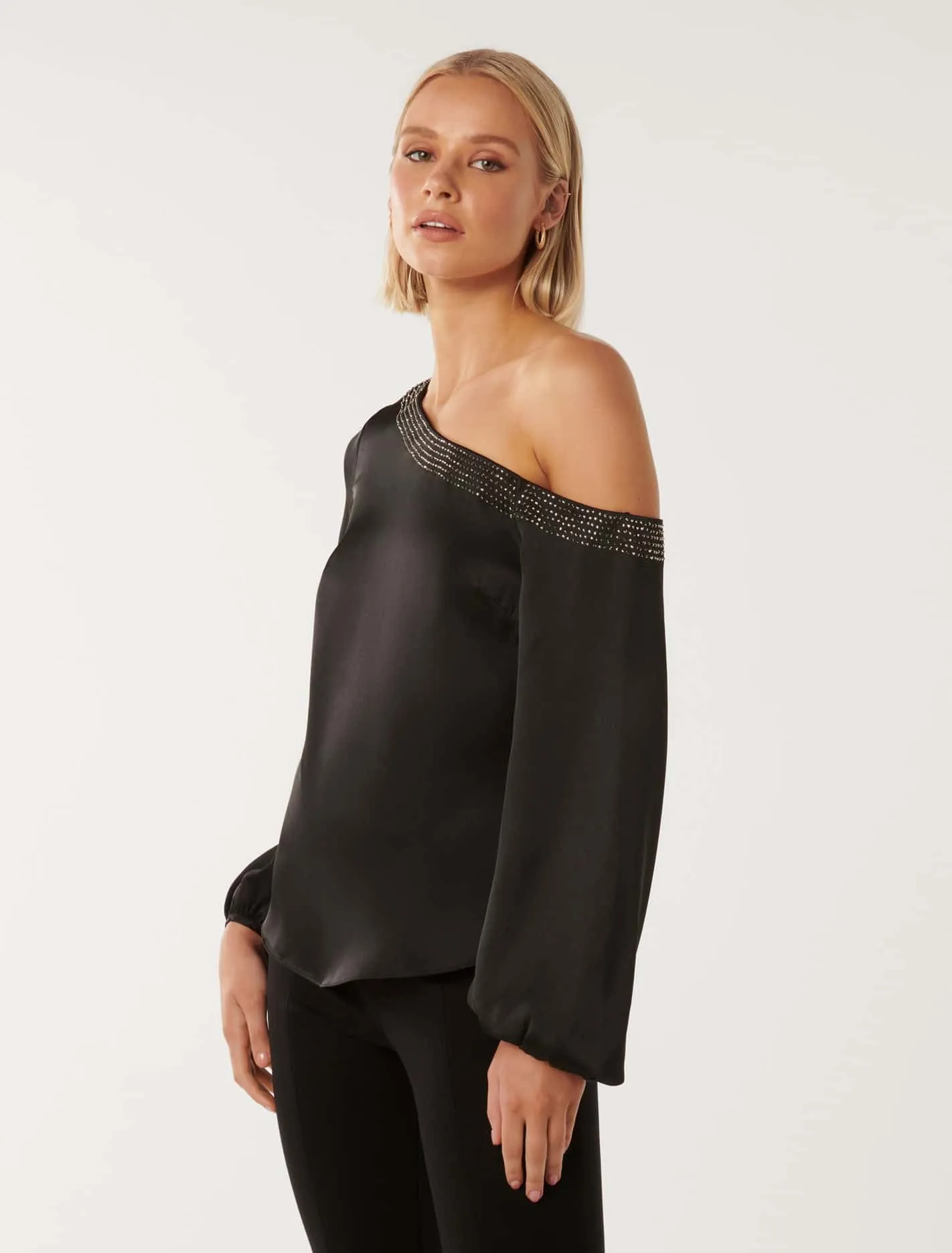 Anya Asymmetrical Embellished Satin Top