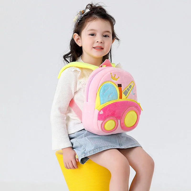 Anykidz 3D Pink Crane School Backpack Cute Vehicle With Cartoon Designs Children Toddler Plush Bag For Baby Girls and Boys