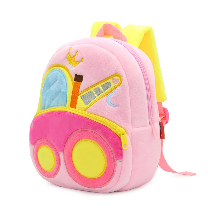 Anykidz 3D Pink Crane School Backpack Cute Vehicle With Cartoon Designs Children Toddler Plush Bag For Baby Girls and Boys