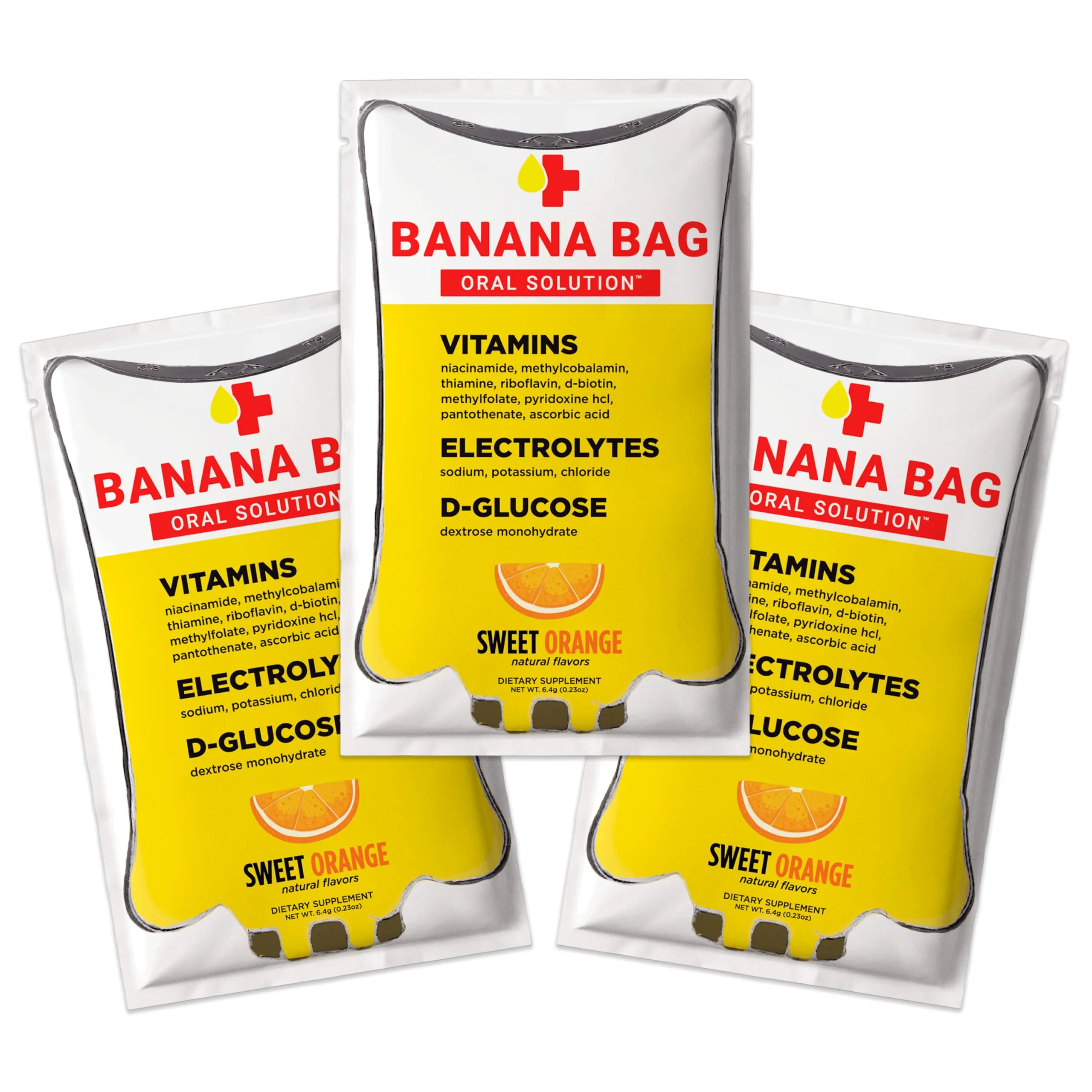 Banana Bag Oral Solution - Pharmacist Hydration Recovery Formula - Electrolyte & Vitamin Powder Packet Drink Mix - Sweet Orange - Pack of 3