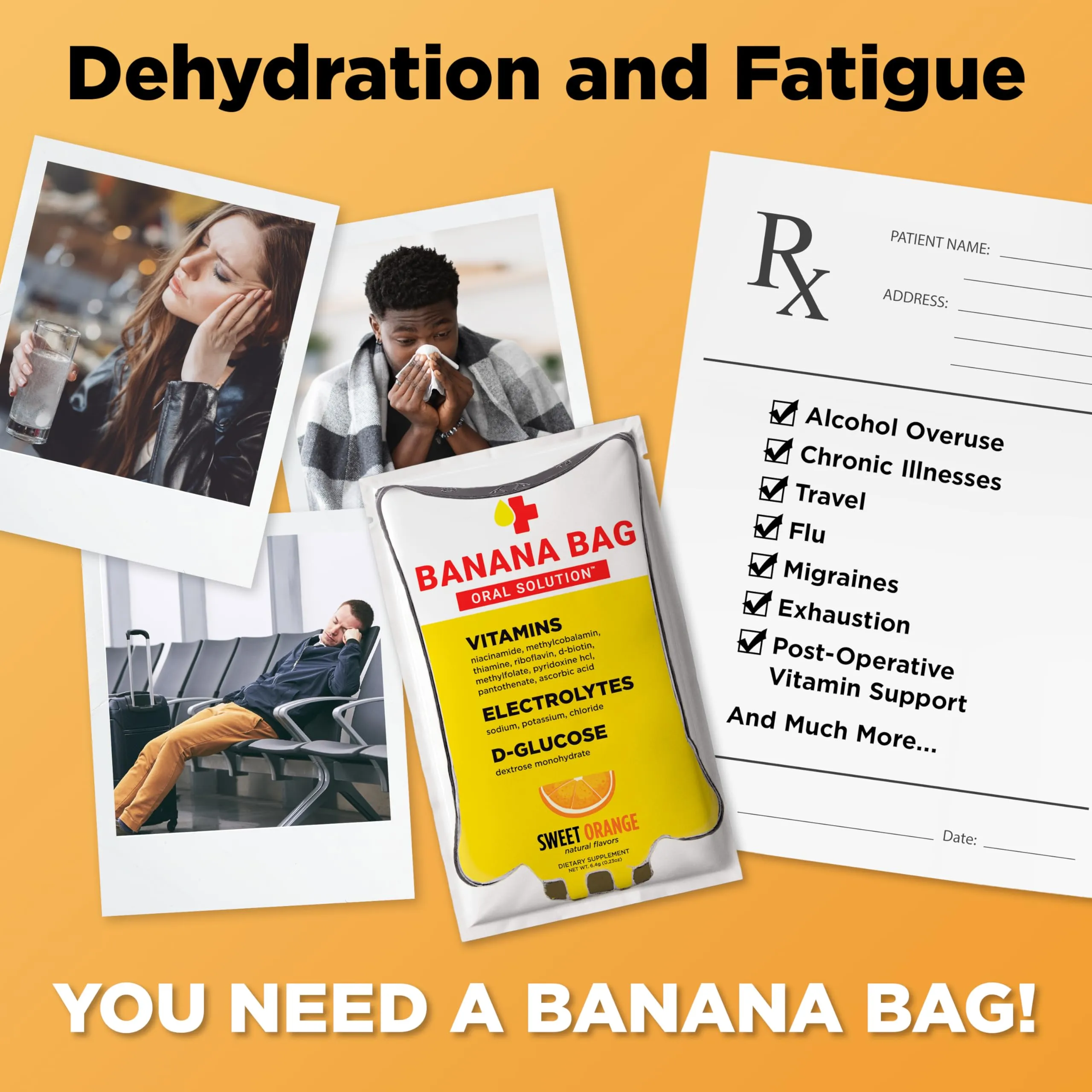 Banana Bag Oral Solution - Pharmacist Hydration Recovery Formula - Electrolyte & Vitamin Powder Packet Drink Mix - Sweet Orange - Pack of 3