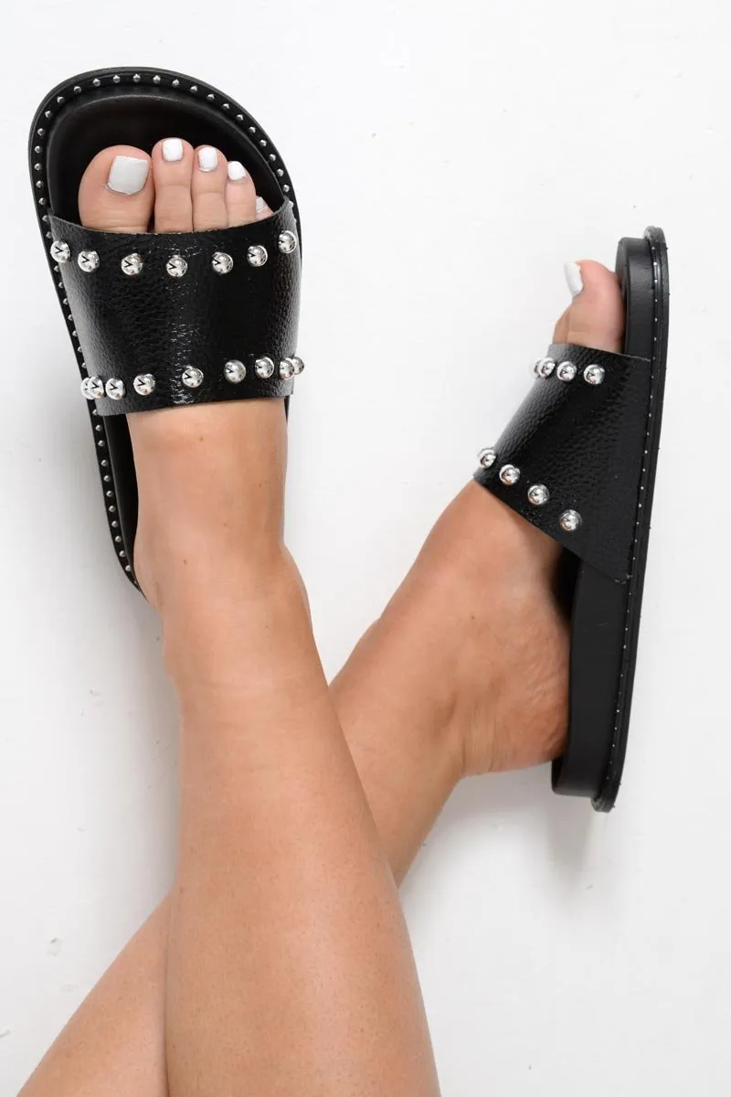 Black Croc Studded Sliders - Landry