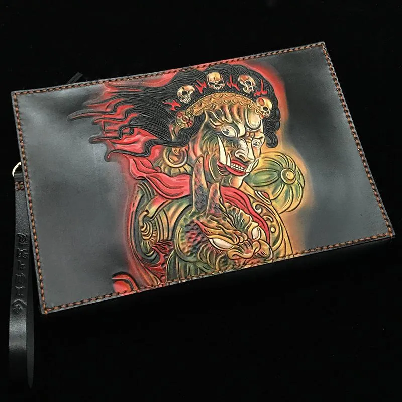 Black Handmade Tooled Leather Carp Chinese Dragon Clutch Wallet Wristlet Bag Clutch Purse For Men