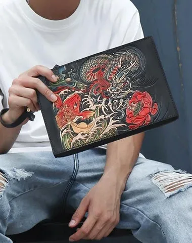 Black Handmade Tooled Leather Carp Chinese Dragon Clutch Wallet Wristlet Bag Clutch Purse For Men