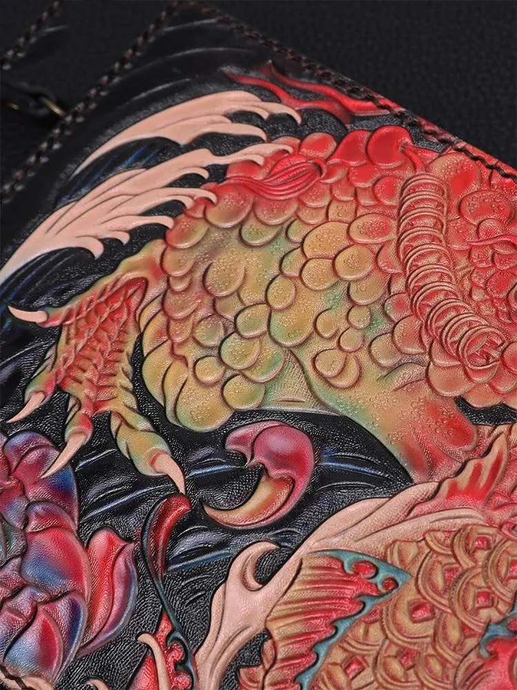 Black Handmade Tooled Leather Carp Chinese Dragon Clutch Wallet Wristlet Bag Clutch Purse For Men