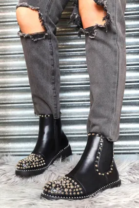 Black Silver Studded Chelsea Ankle Boot - Harini