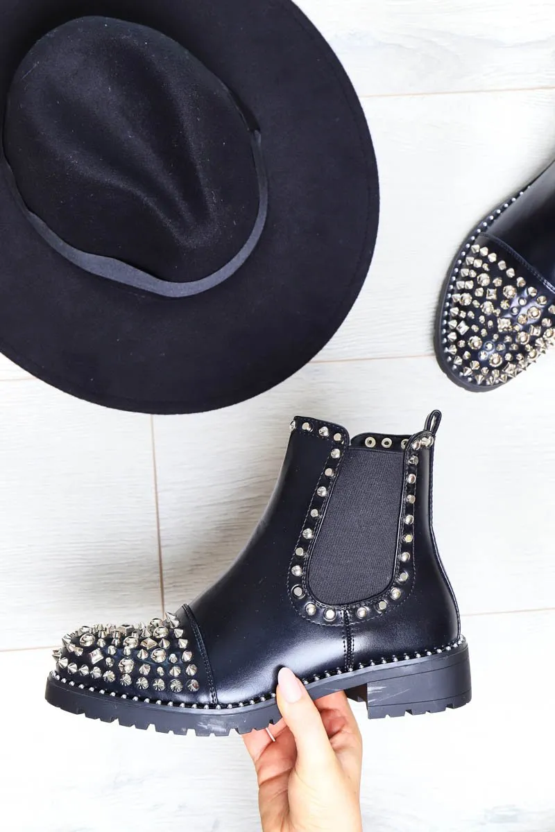 Black Silver Studded Chelsea Ankle Boot - Harini