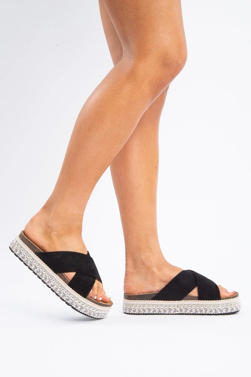 Black Silver Studded Platform Slider - Camyia