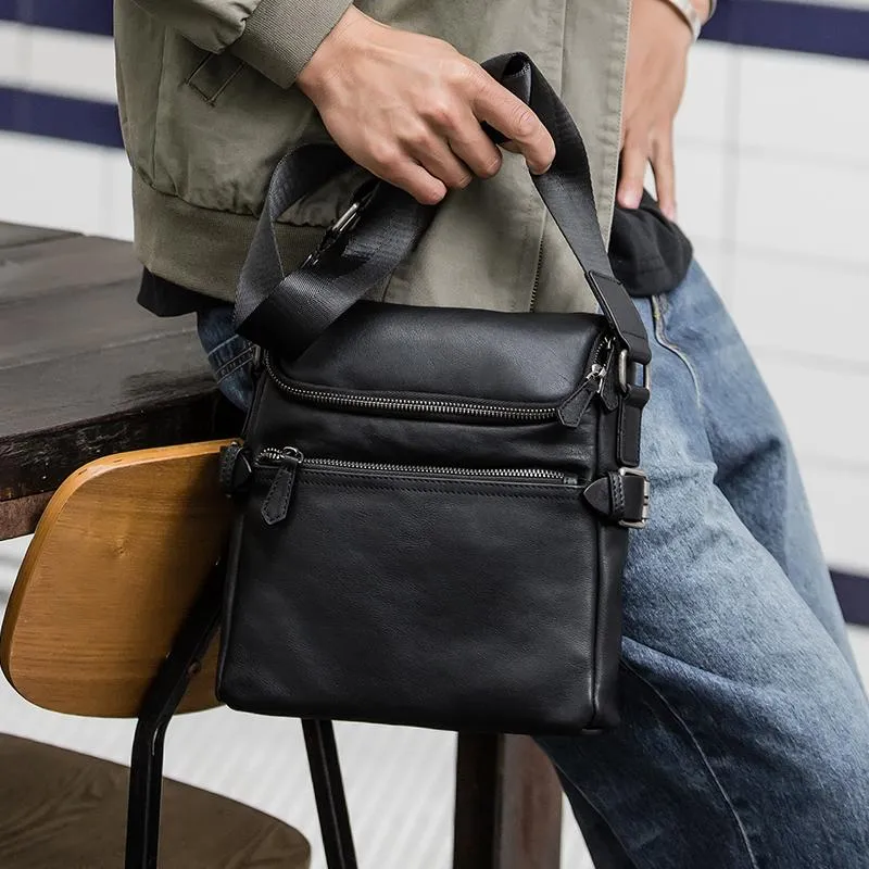 Black Soft Leather Mens 10 inches Vertical Postman Bag Black Messenger Bags Side Bag for Men