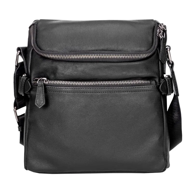 Black Soft Leather Mens 10 inches Vertical Postman Bag Black Messenger Bags Side Bag for Men