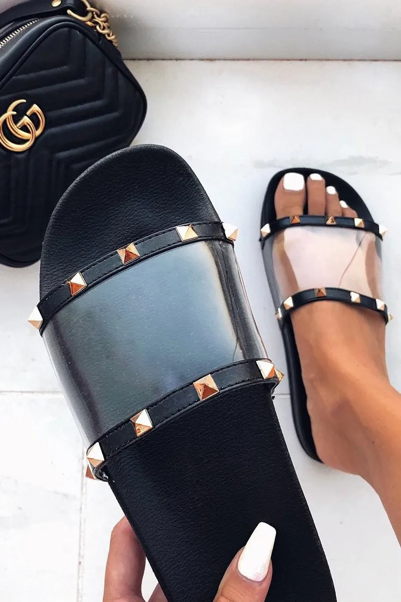 Black Studded Clear Sliders - Libertee