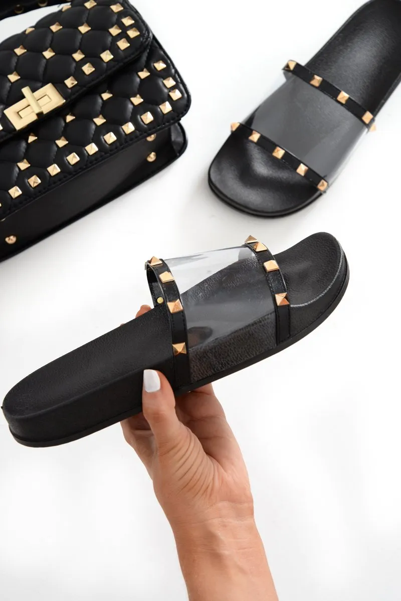 Black Studded Clear Sliders - Libertee