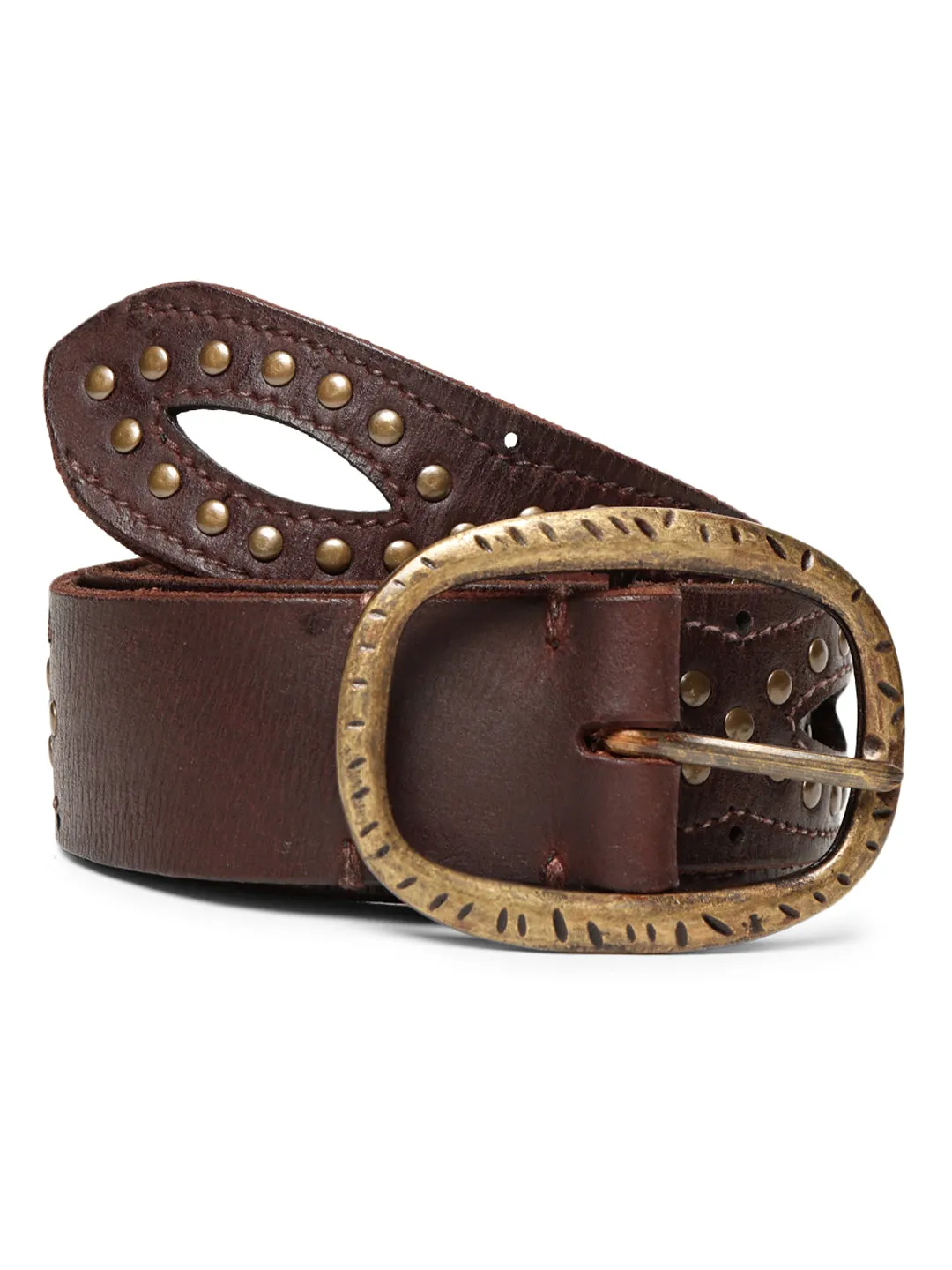 Brown Laser With Studded Leather Belt For Women By Art N Vintage