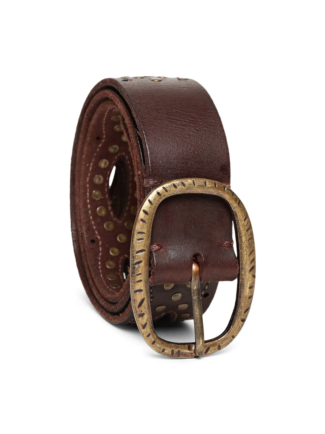 Brown Laser With Studded Leather Belt For Women By Art N Vintage