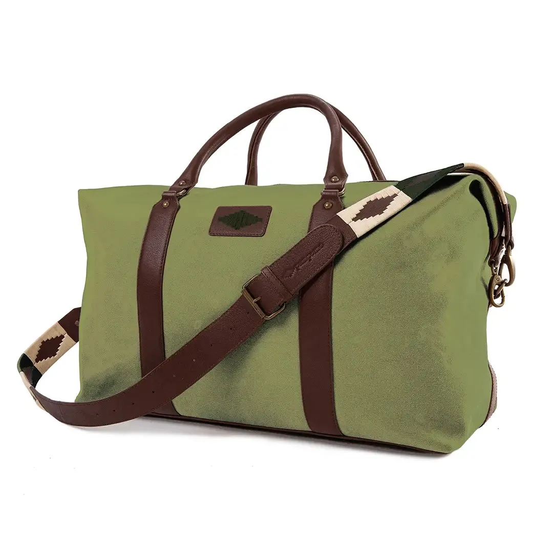 Caballero Large Travel Bag - Brown Leather & Forest Canvas w/ Dark Green Stitching by Pampeano