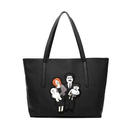 Cartoon Applique Nylon Tote Handbag - Black