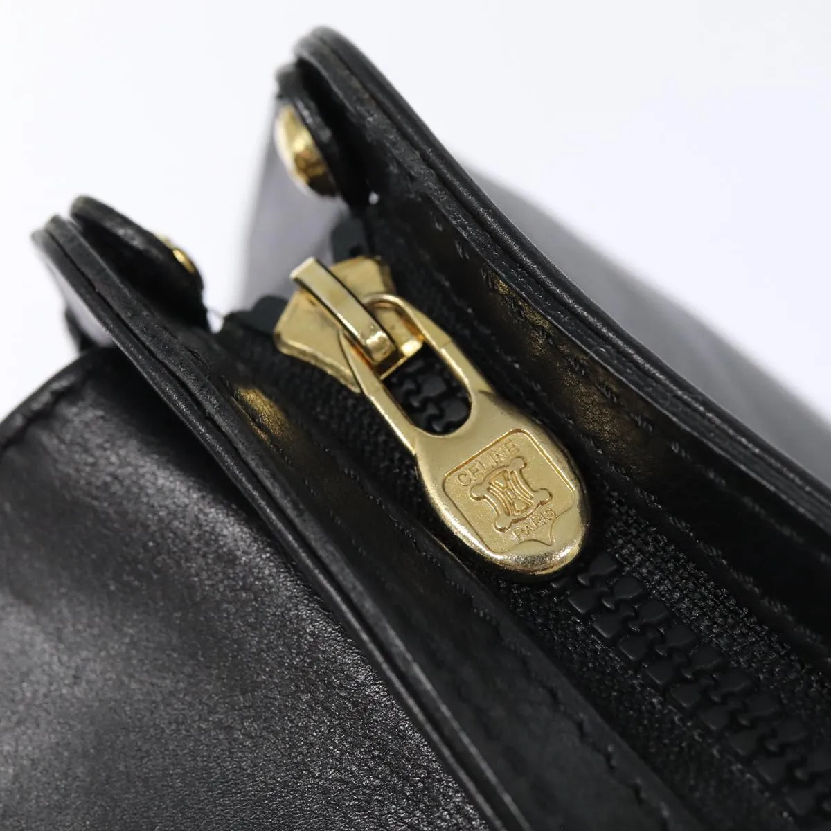 CELINE Clutch Bag Leather Black Gold Auth 88603