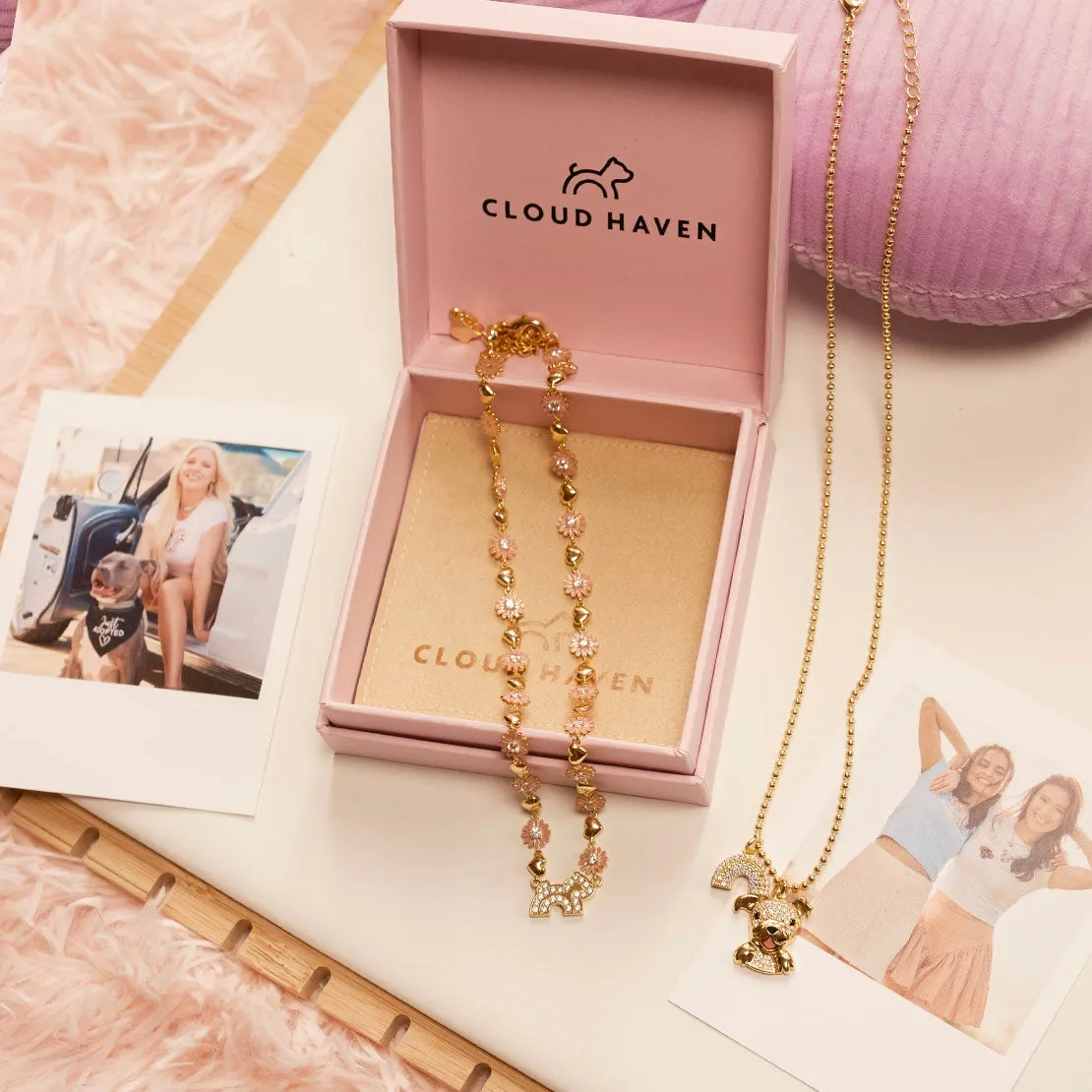 Cloud Haven Crystal Daisy Logo Necklace Pink