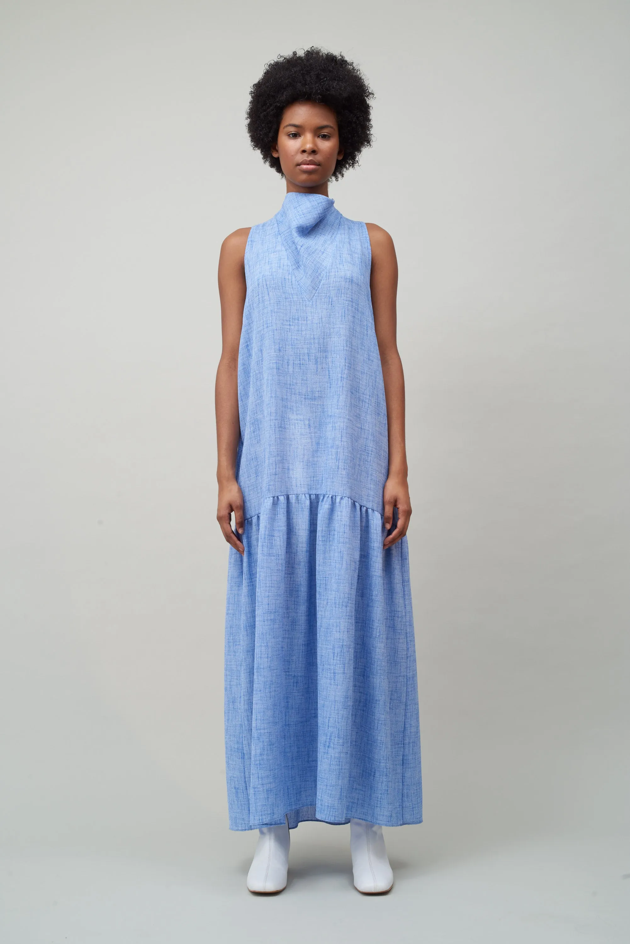 COWL NECK DRESS - WHITE / COBALT MELANGE