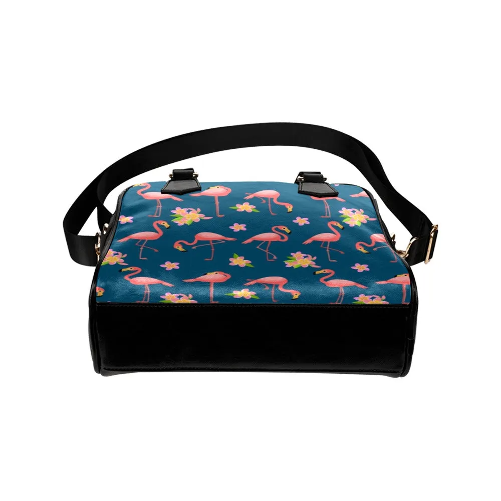 Cute Pink Flamingo Purse, Tropical Animal Black Blue Print Small Shoulder Vegan Leather Women Designer Zipper Strap Handbag Crossbody Bag