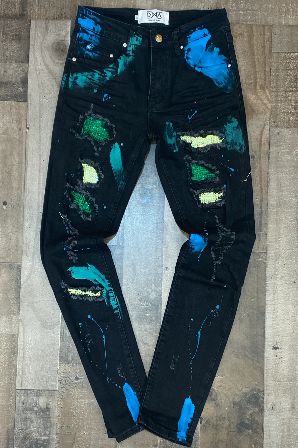 Dna Premium Wear- studded color patch w/paint jeans (green/blue)