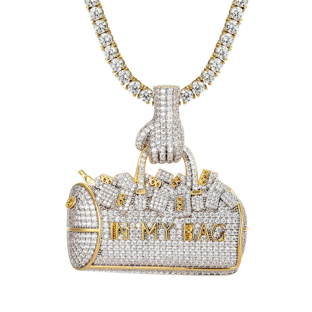 Dollar Bills Money In My Bag 3D Icy 14K Gold Tone Pendant