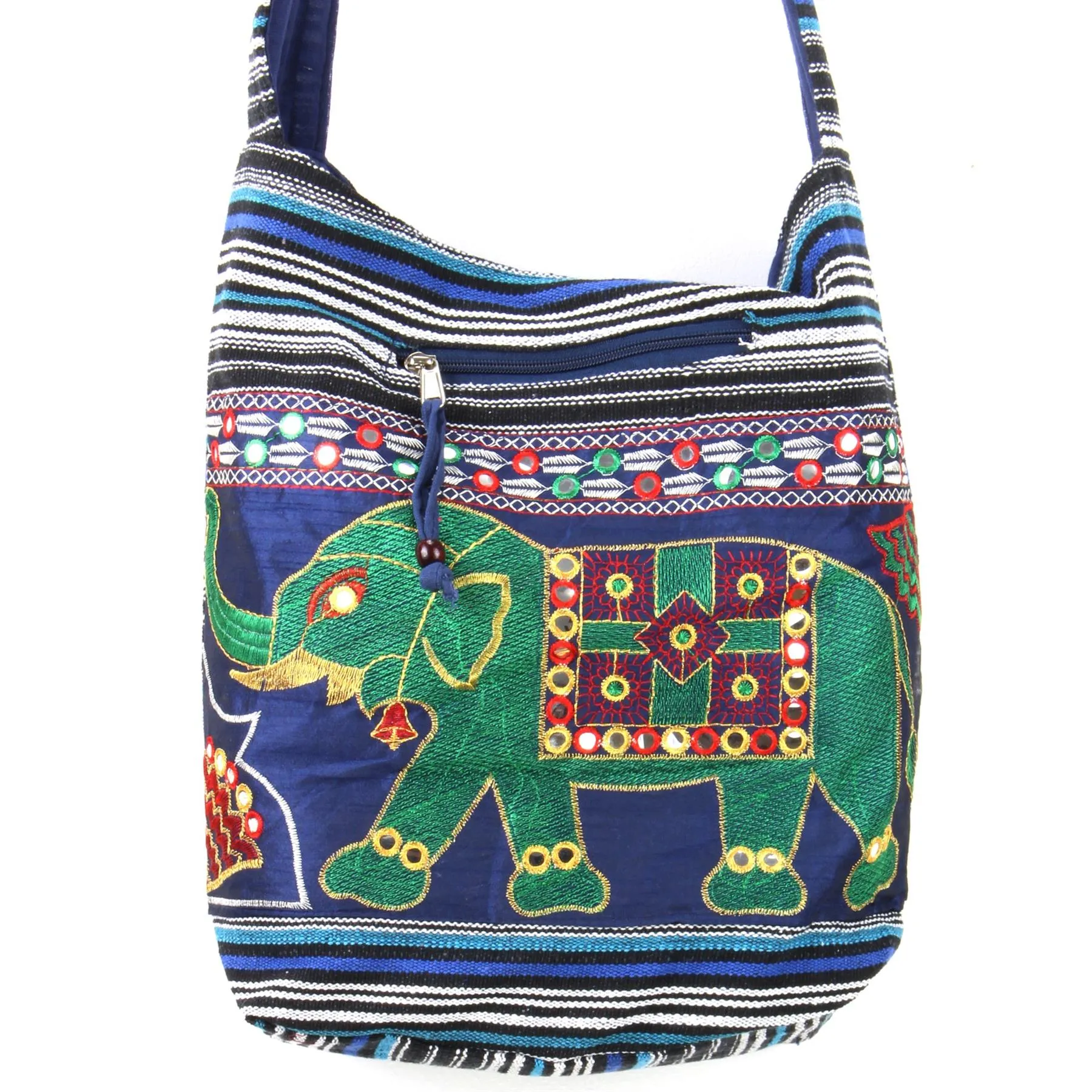 Embroidered Elephant Canvas Sling Shoulder Bag - Dark Blue