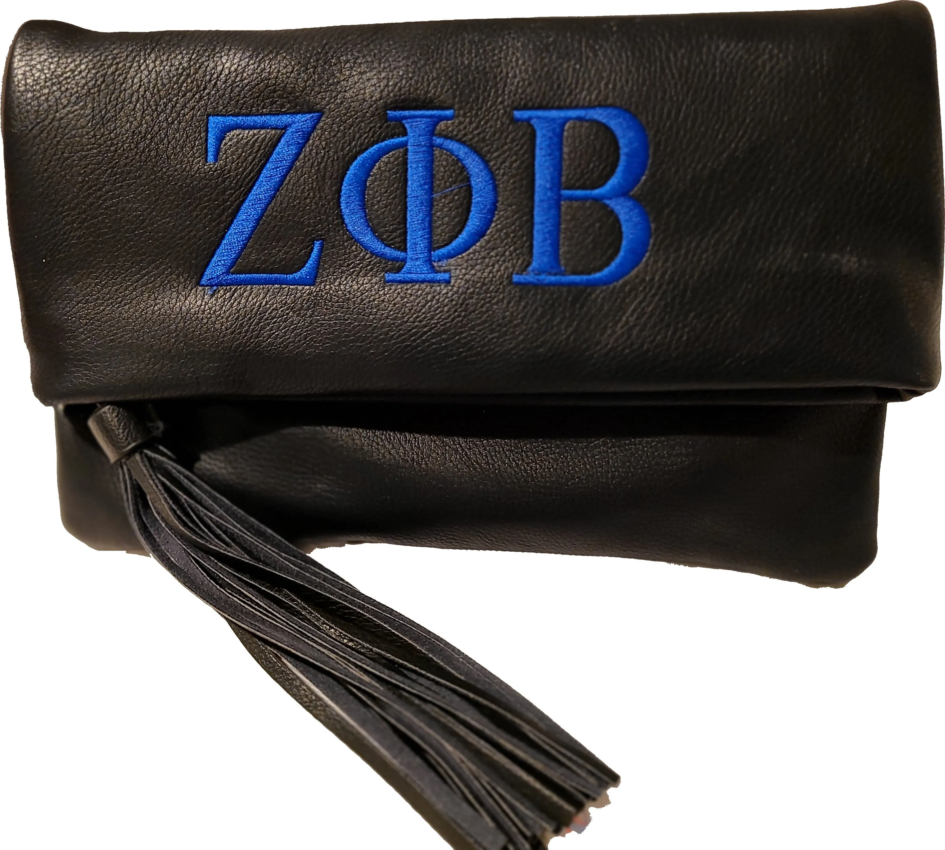 Embroidered Zeta Phi Beta Black Flap Clutch with Tassle