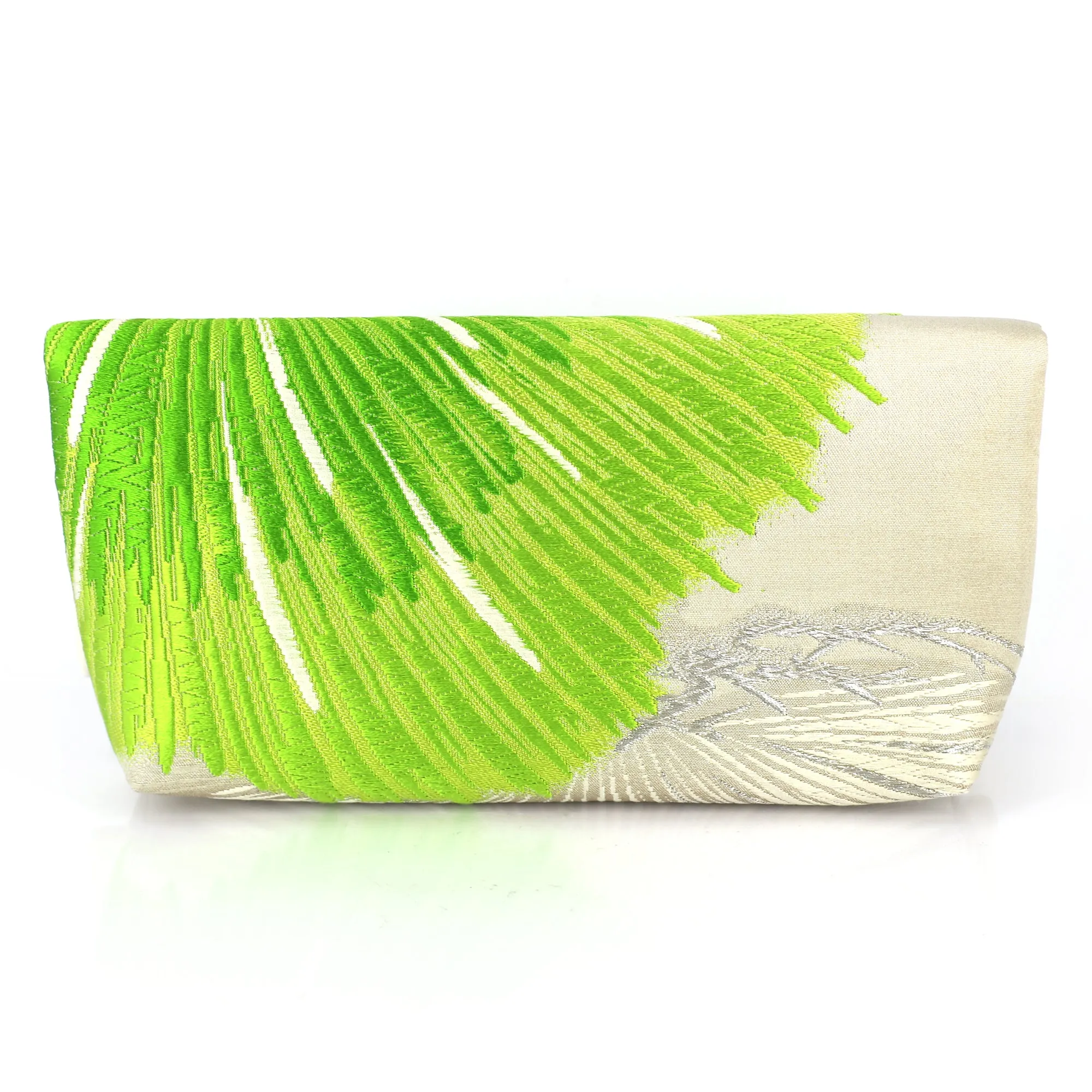 Envelope Clutch Bag with Pine in Green on Silver | Upcycled Kimono Obi Silk