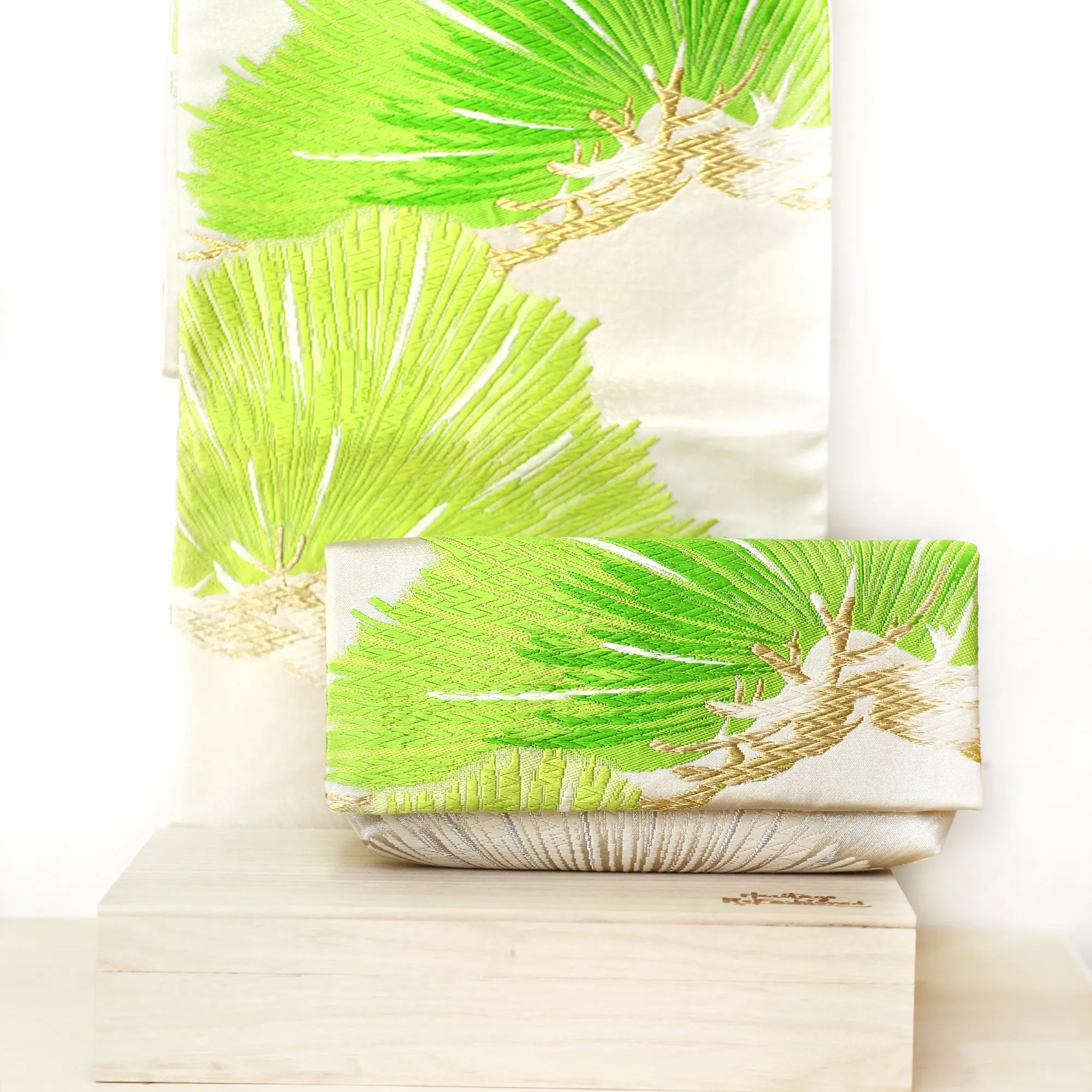 Envelope Clutch Bag with Pine in Green on Silver | Upcycled Kimono Obi Silk