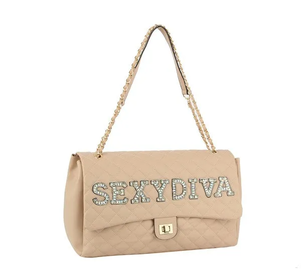 Fashion Oversize Quilted Satchel with SEXYDIVA Letter studded by hfstylish