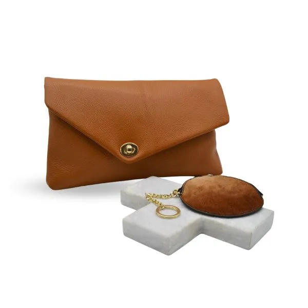 Gift Set | CENTENNIAL PARK - Ladies Tan Leather Clutch Envelope Bag &  LORN - Ladies Coin Purse