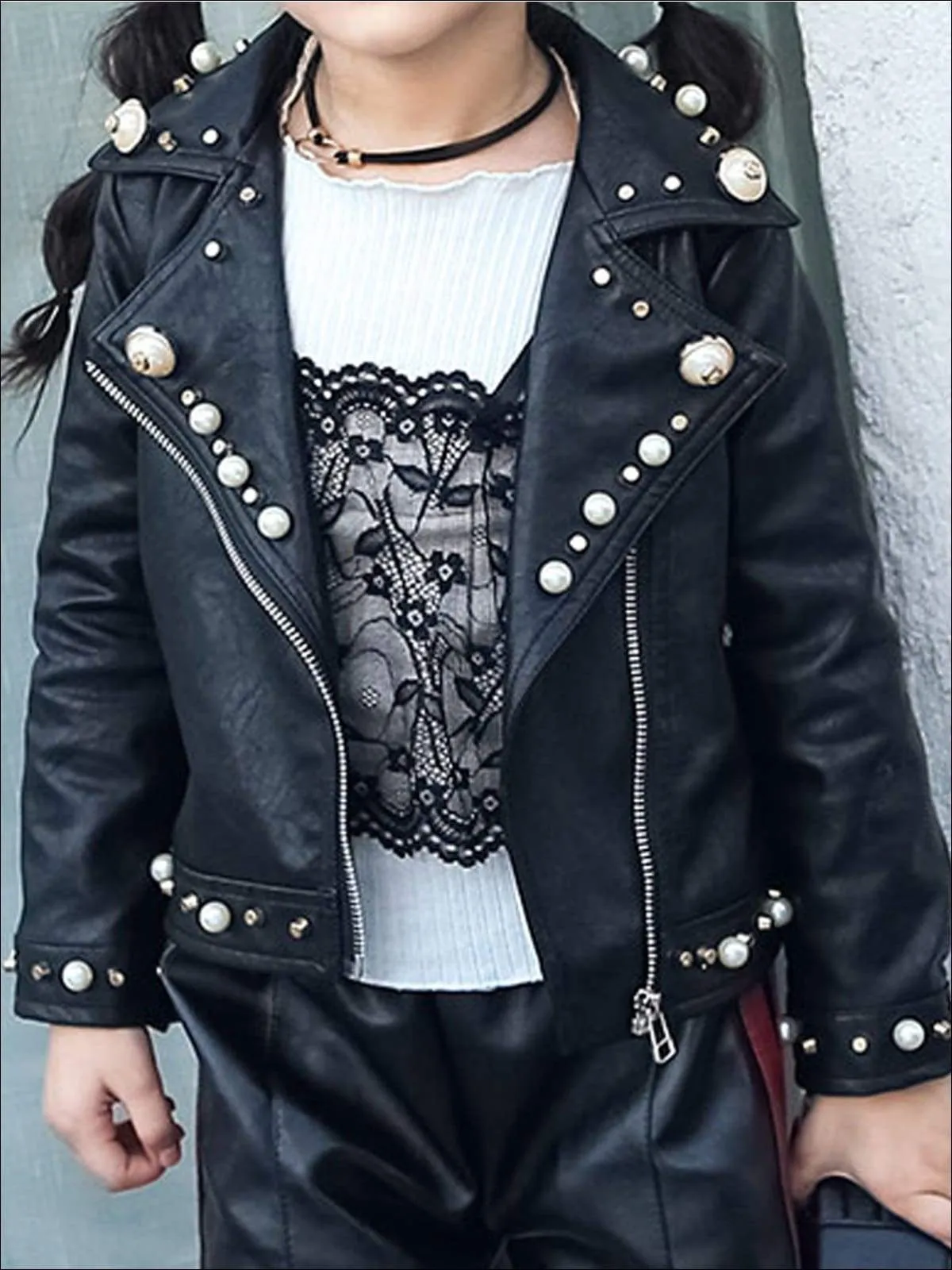 Girls Black Synthetic Leather Pearl Studded Jacket