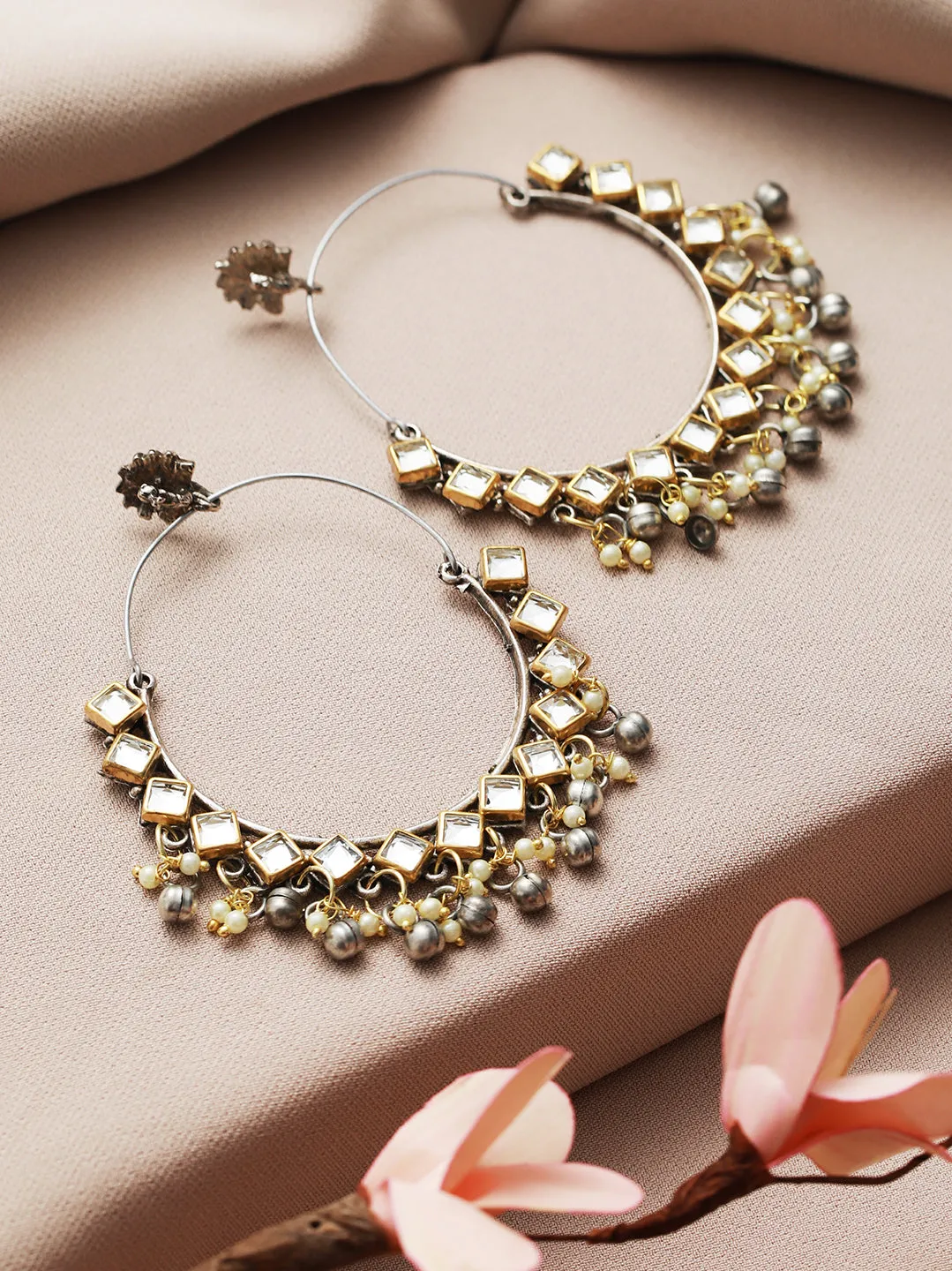 Gold-Plated Kundan Studded & Beaded Classic Hoop Earring