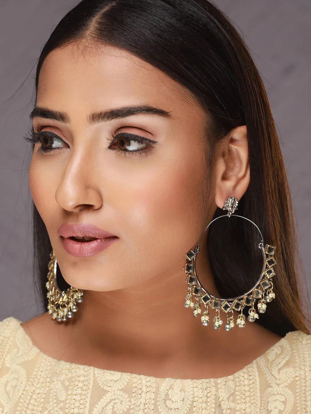 Gold-Plated Kundan Studded & Beaded Classic Hoop Earring