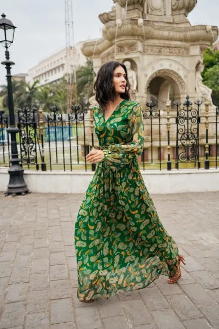 Green Paisley Cut-out Maxi Dress