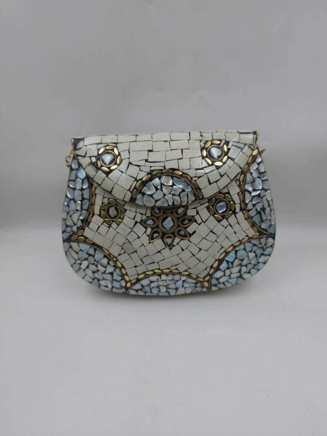 Handmade Mother Of Pearl Mosaic Metal Clutch