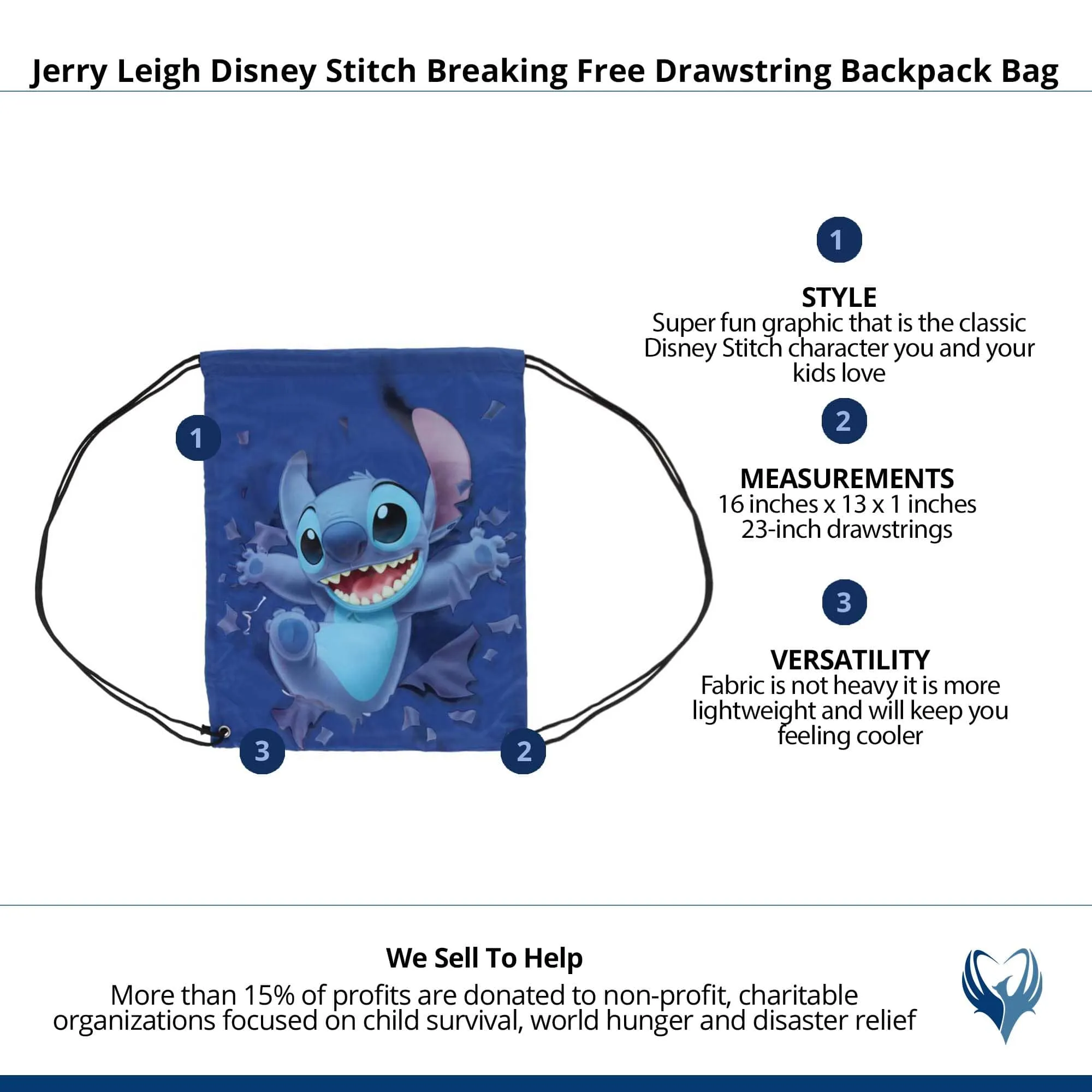 Jerry Leigh Disney Stitch Breaking Free Drawstring Backpack Bag