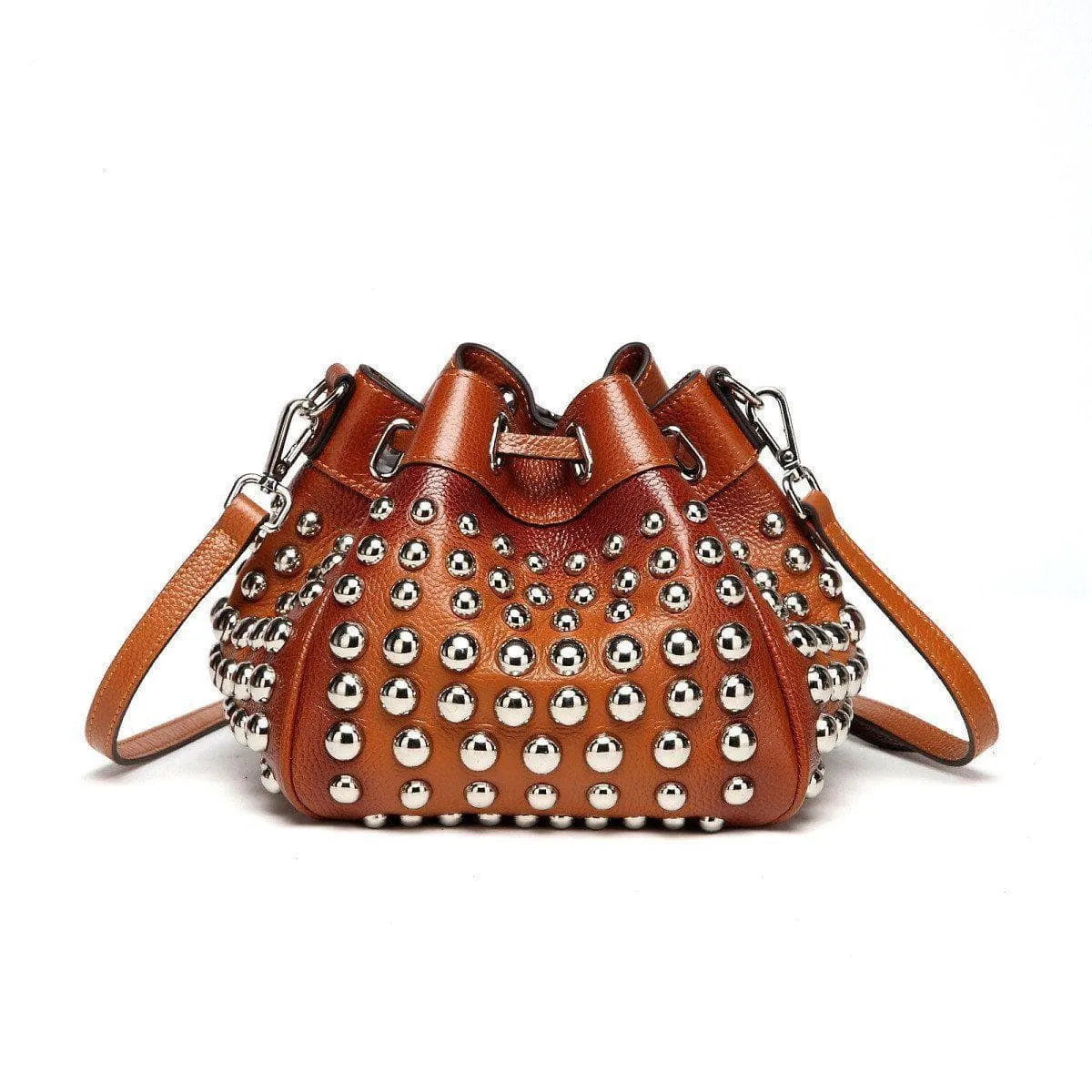 Jolyn Studded Leather Bucket Crossbody- Brown