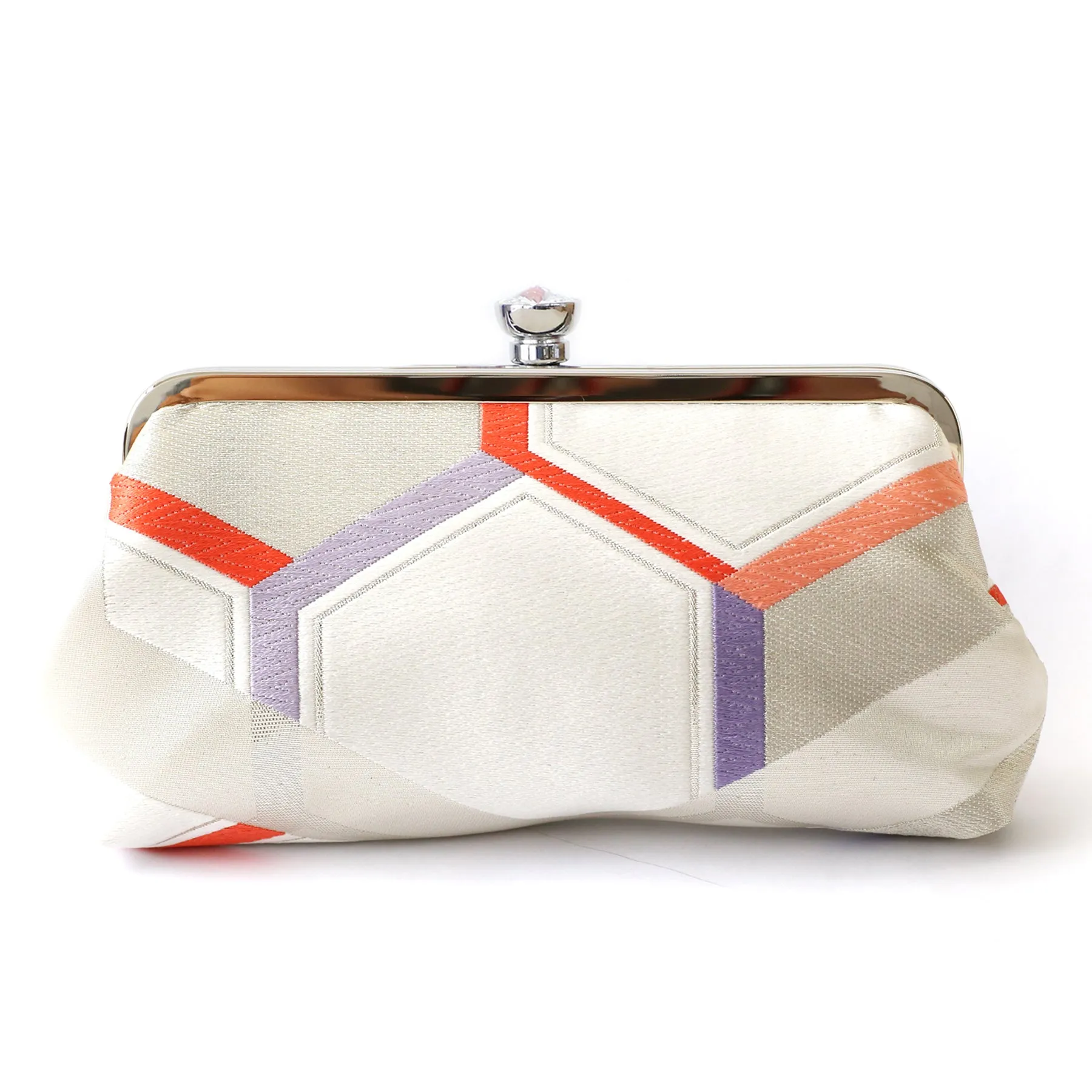 Kimono Obi Silk Clutch Purse with Hexagon Kikko in Ivory, Orange and Purple