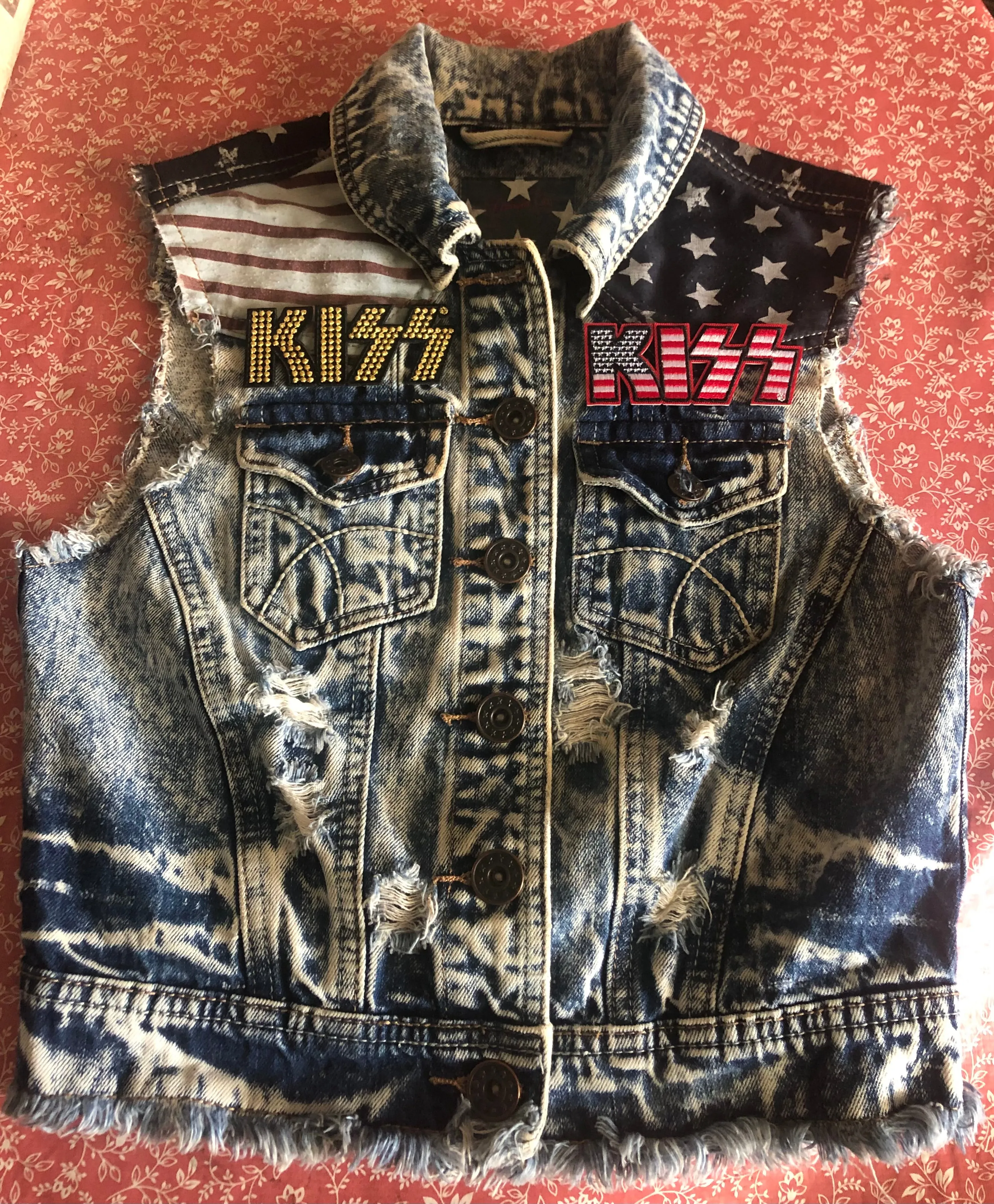 KISS Stars 'n' Stripes Denim Cut-Off Patch Jacket Love Gun Destroyer