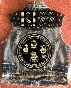 KISS Stars 'n' Stripes Denim Cut-Off Patch Jacket Love Gun Destroyer