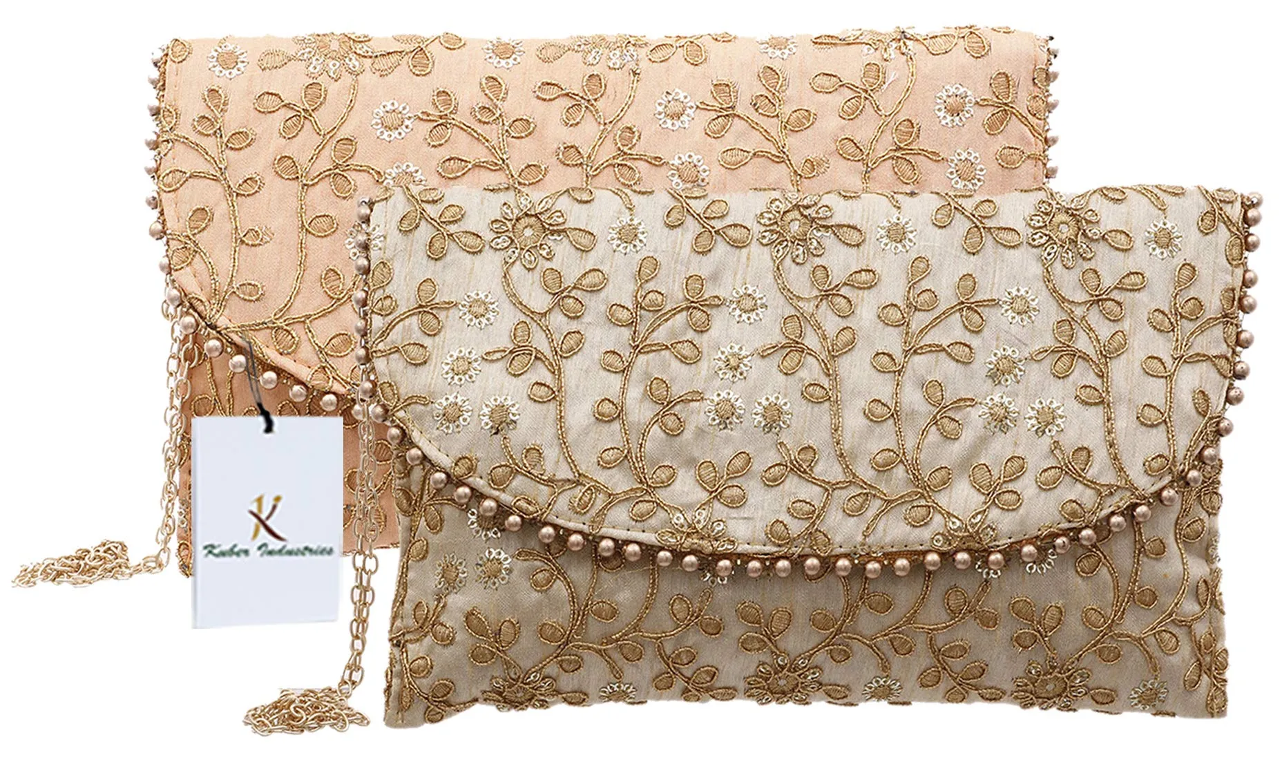 Kuber Industries Handcrafted Embroidered Clutch Bag Purse Handbag for Bridal, Casual, Party, Wedding (Cream and Peach) - CTKTC034534-2 Pieces