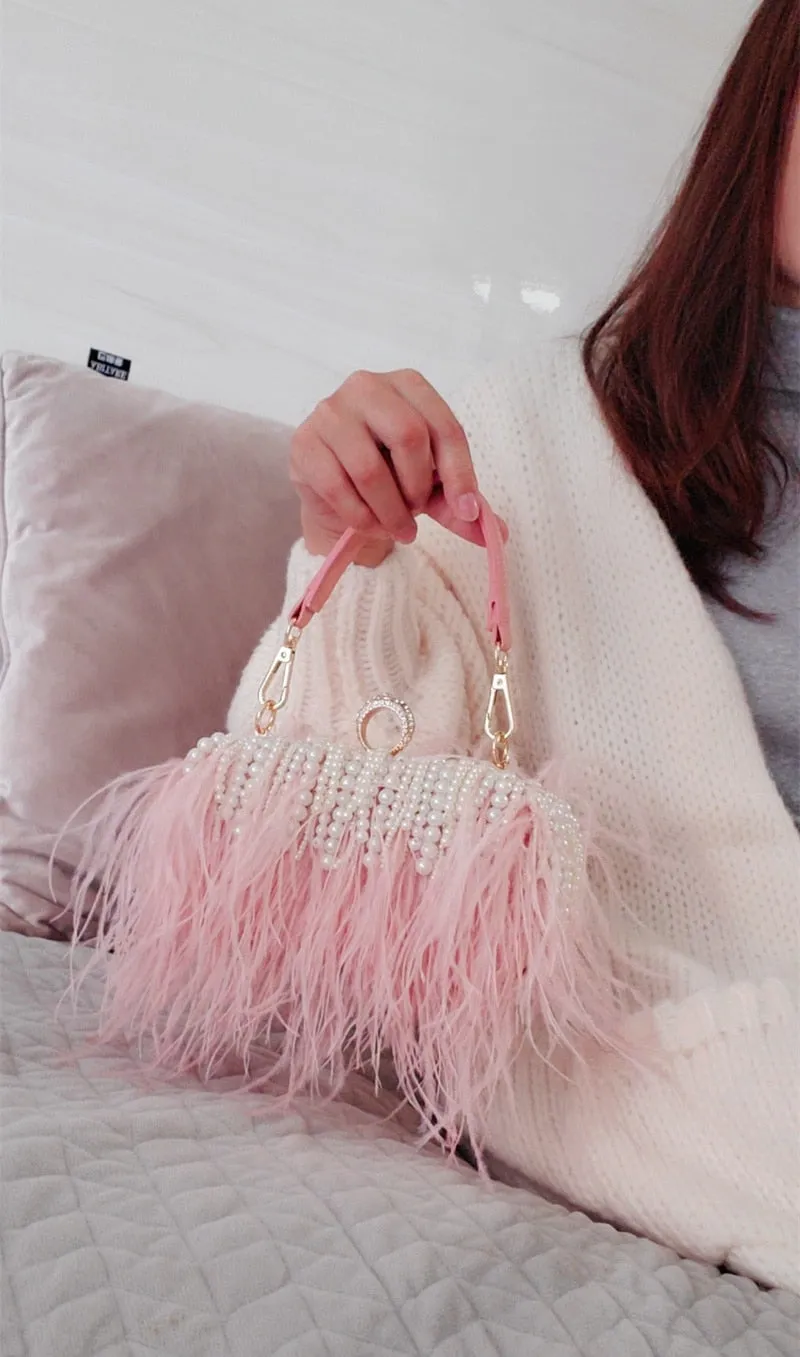 Ladies Pink Handbag Pearl Clutch Luxury Design