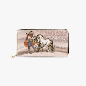 Long Type Zipper Purse, Howdy Cowgirl & Horse, Red Curly Hair Blue Eyes, Personalised