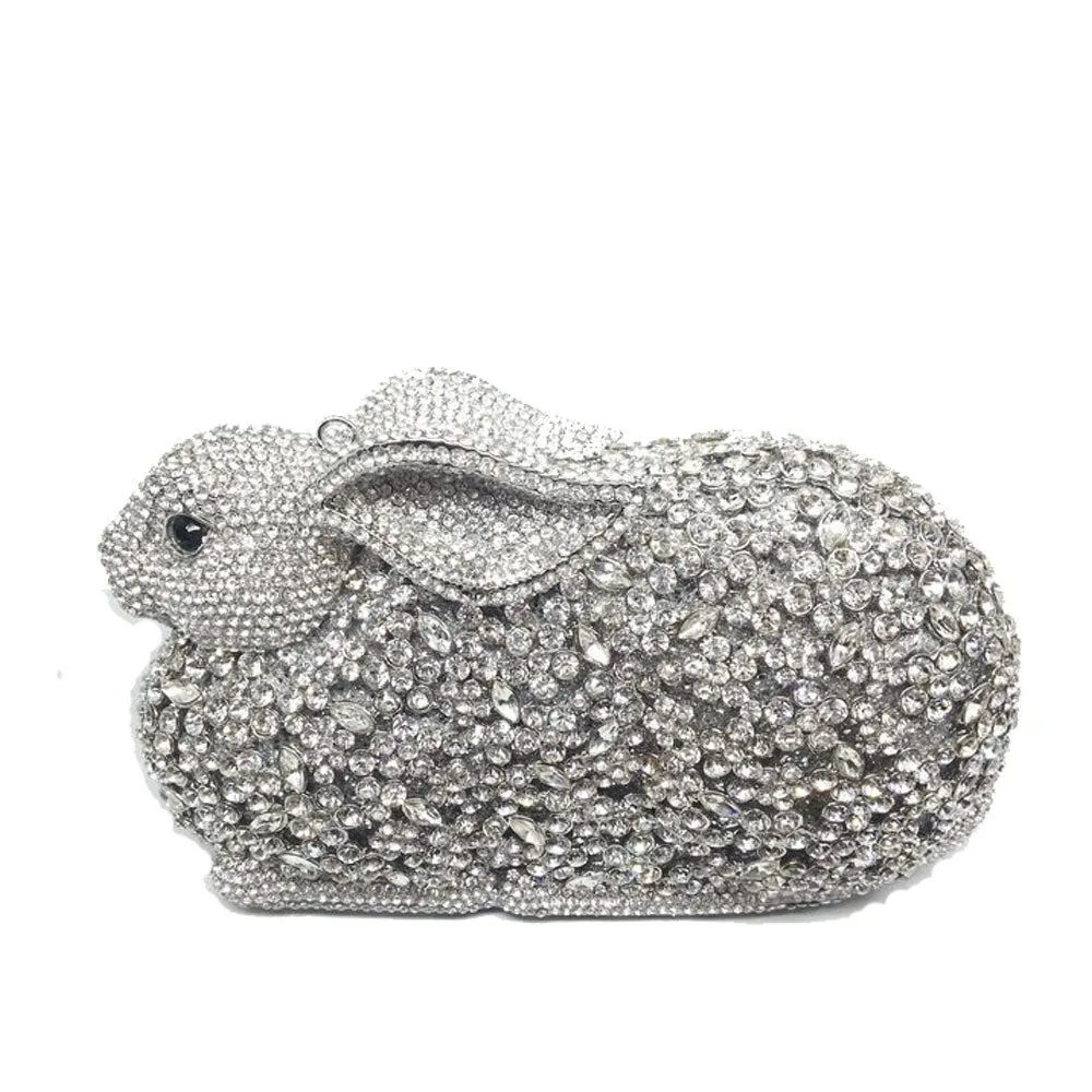 Luxury Rabbit Shape Crystal Studded Metal Clutch Bag