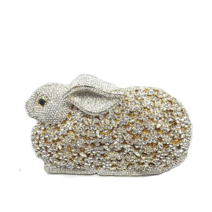 Luxury Rabbit Shape Crystal Studded Metal Clutch Bag