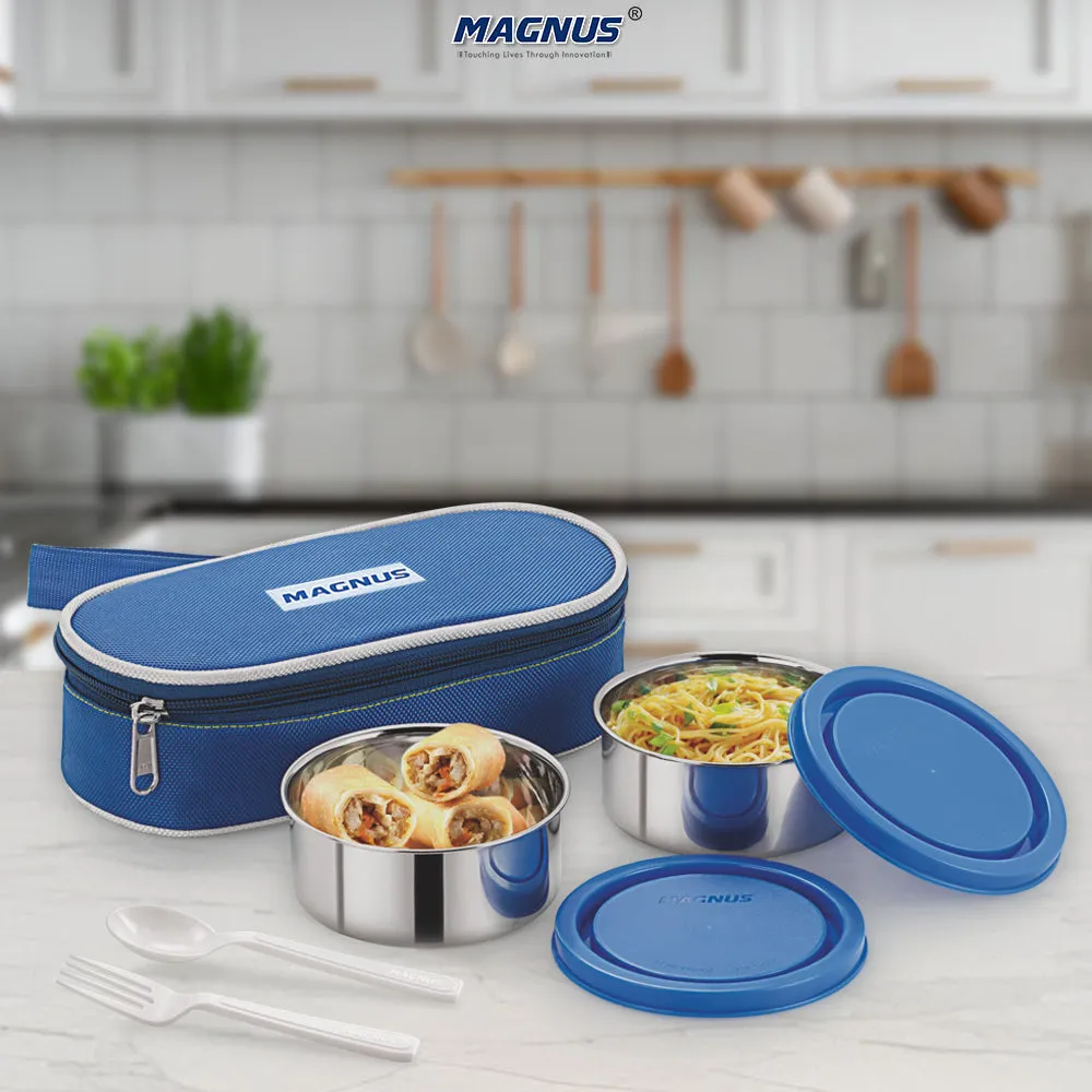 Magnus Super 2 Stainless Steel Lunch Box | Leak-Proof Containers with Safe Plastic Cover | Compact & Air-Tight Design Lunch Box for Kids, School, and Office Men | Blue